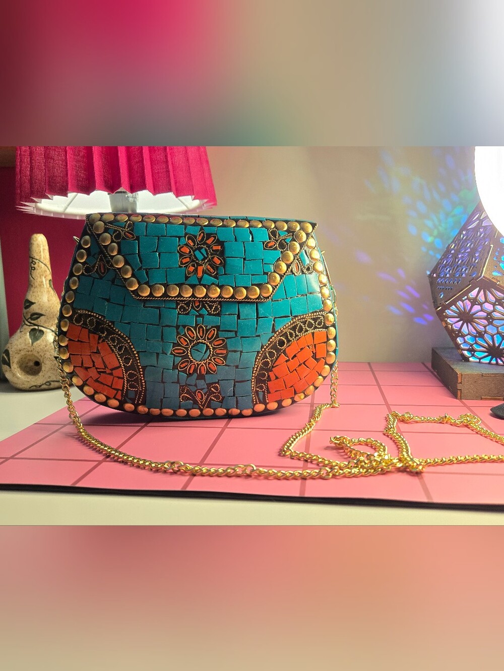 RAMLA Turquoise & Orange Mosaic Clutch with Gold Chain
